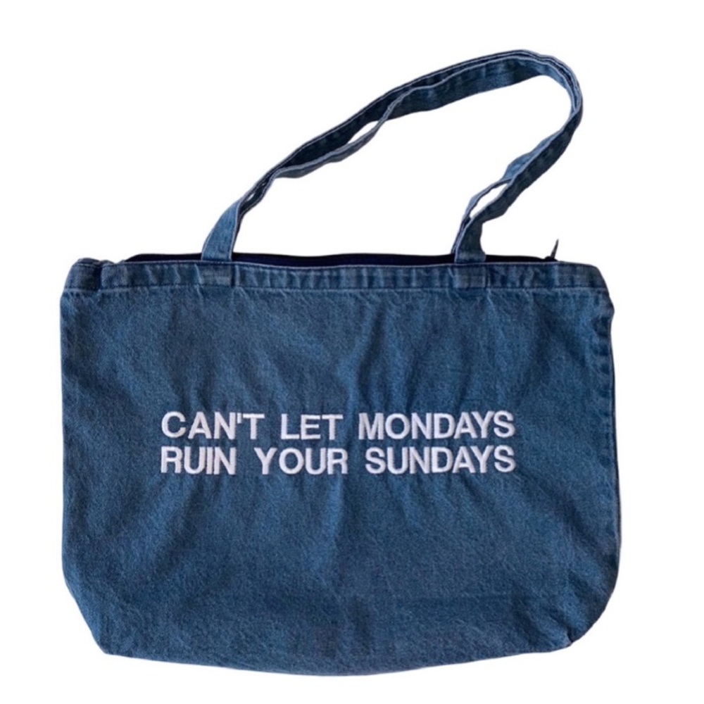 Denim tote bag with white embroidery